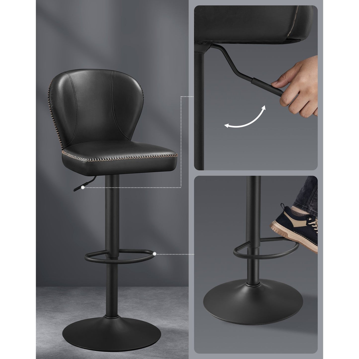 Barkrukken – Barstoelen – Barkruk – Keukenstoelen – Krukken – Verstelbaar 62-84 cm – 360° Draaibaar – Kunstleren Bekleding – Zwart