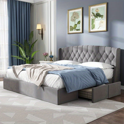 Bedframe – Stoffen Bed – Tweepersoonsbed – Opbergbed – Slaapbank – 180x200 cm – Met 4 Opberglades – Stevige Draadbodem