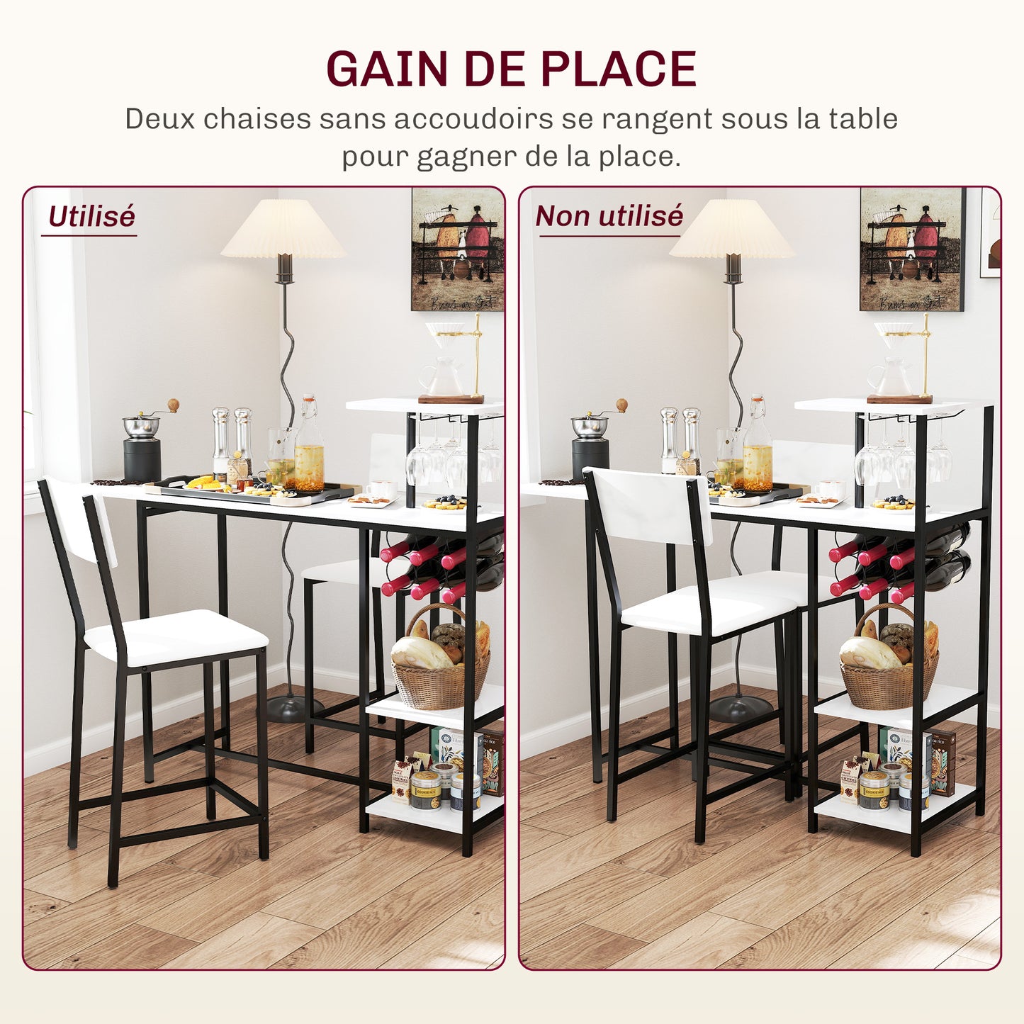 Bartafel Set – Bar Tafel – Statafel – Barkrukken Set – Hoge Tafel – Inklapbaar Tafelblad – Wijnrek Met Glashouders – Wit Marmerlook