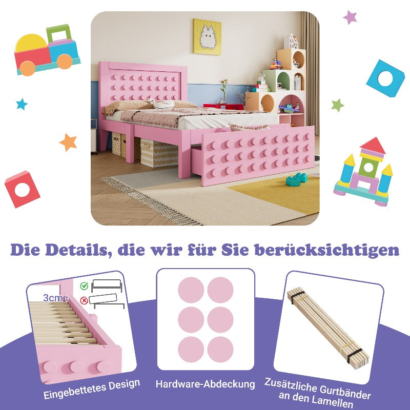 Eenpersoonsbed – Jeugdbed – Kinderbed – Bedframe – Bedkast – Massief Houten Frame – Met Lade & Opbergruimte – 90x200 cm – Roze – Zonder Matras