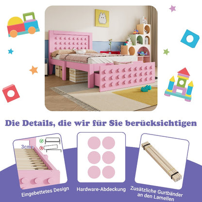 Eenpersoonsbed – Jeugdbed – Kinderbed – Bedframe – Bedkast – Massief Houten Frame – Met Lade & Opbergruimte – 90x200 cm – Roze – Zonder Matras