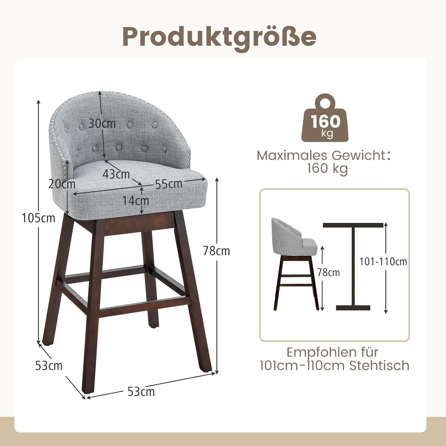 Barstoel – Barkruk – Barstoel Met Rugleuning – Keukenkruk – Draaiende Barkruk – 360° Draaibaar – Ergonomisch Met Voetensteun – Gemaakt Van Rubberhout Met Linnen Bekleding – Grijs – Zithoogte 78 Cm