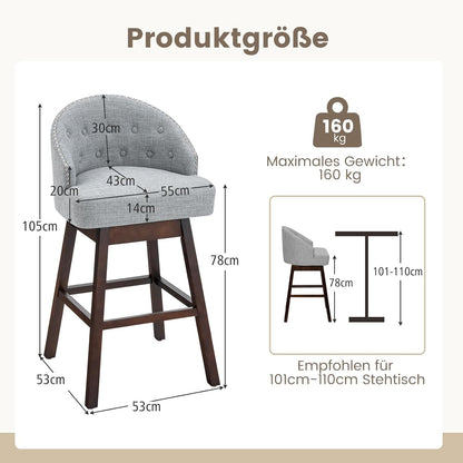 Barstoel – Barkruk – Barstoel Met Rugleuning – Keukenkruk – Draaiende Barkruk – 360° Draaibaar – Ergonomisch Met Voetensteun – Gemaakt Van Rubberhout Met Linnen Bekleding – Grijs – Zithoogte 78 Cm