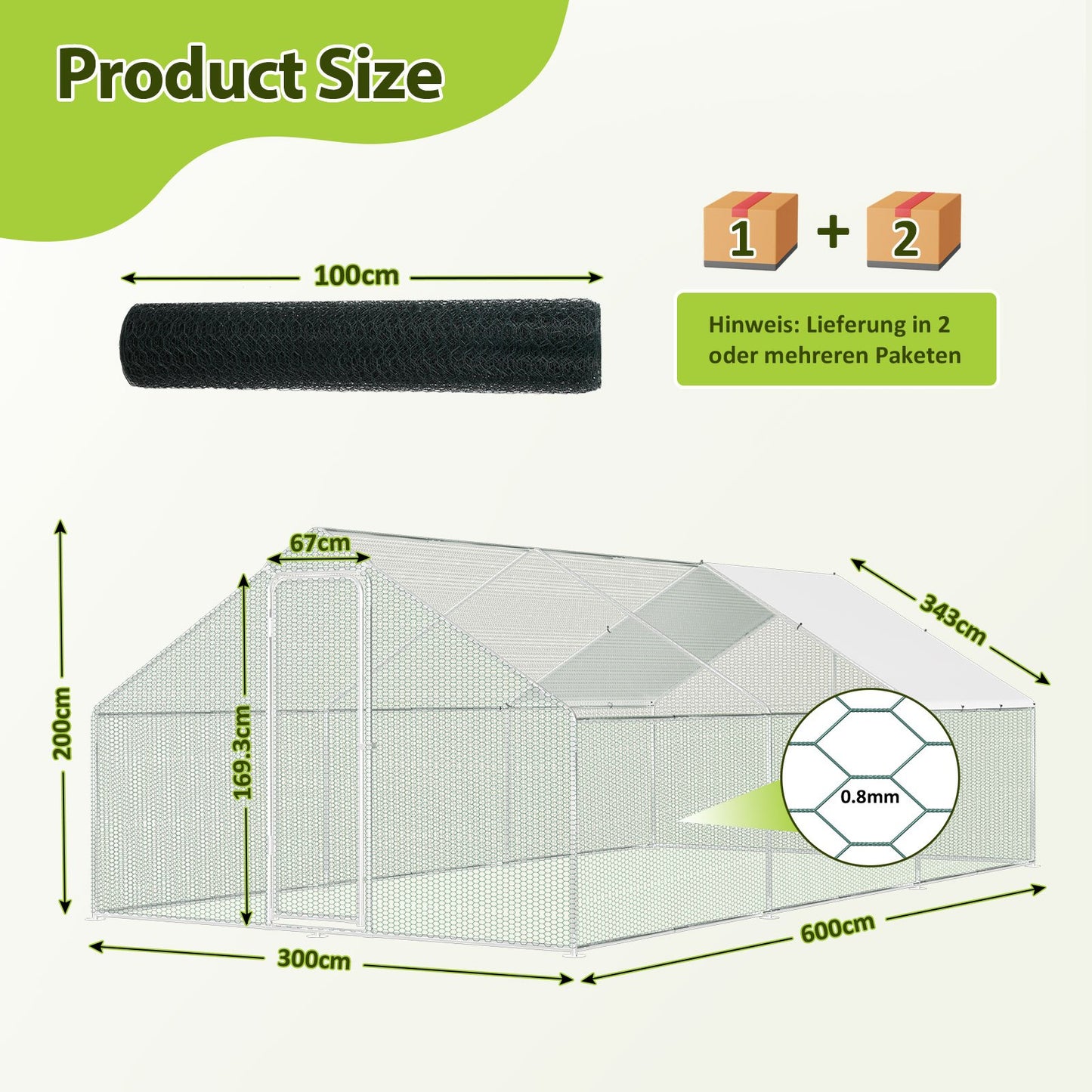 Buitenren Kippenren Konijnenren Dierenren Hokken – 300x600x200 cm – Gegalvaniseerd Stalen Frame – Weerbestendig Met PE-Zonwering
