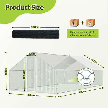 Kippenhok – Konijnenhok – Kippenren – Dierenhok – Buitenren – Robuuste Metalen Constructie – Verzinkt Stalen Frame 300x300x200 cm