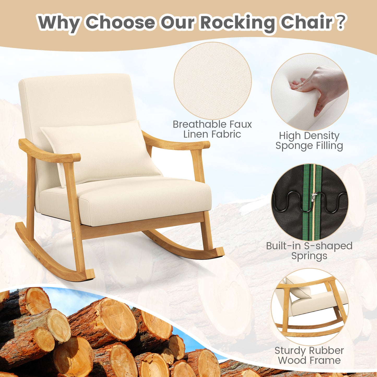 Schommelstoel Kinderkamer – Rocking Chair – Schommelstoel Baby – Wiegstoel – Kinderstoel – Hoog Rugleuning – Natuurlijk Rubberhout Frame – Padded Zitkussen – Inclusief Lumbar Kussen – Beige