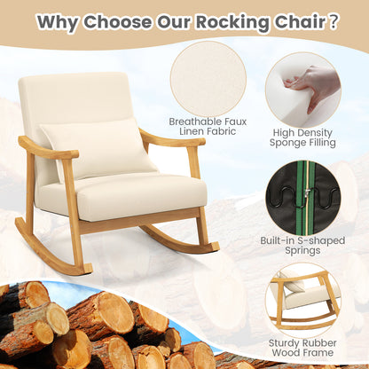 Schommelstoel Kinderkamer – Rocking Chair – Schommelstoel Baby – Wiegstoel – Kinderstoel – Hoog Rugleuning – Natuurlijk Rubberhout Frame – Padded Zitkussen – Inclusief Lumbar Kussen – Beige
