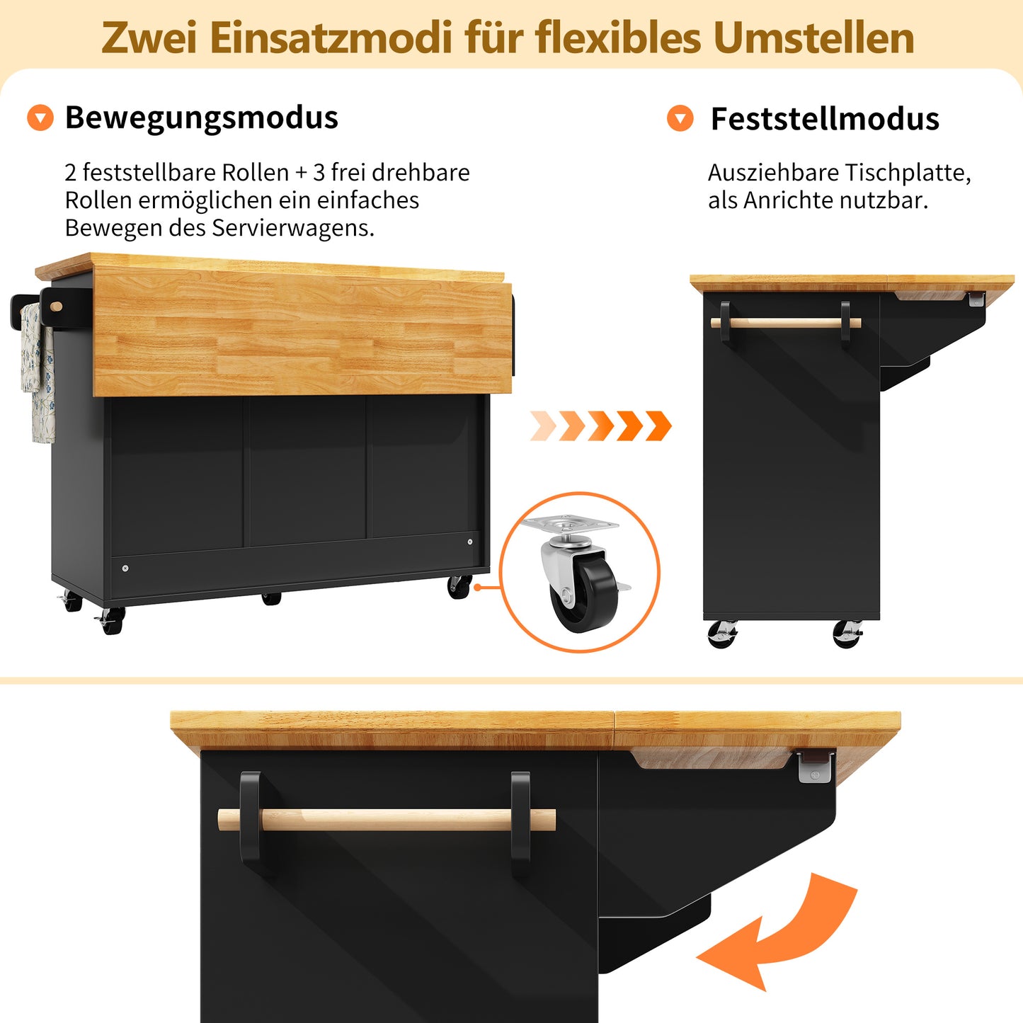 Keukeneiland – Keukenwagen – Kookeiland – Werktafel – Serveertafel – Zwart – Multifunctioneel Met Uitklapbaar Blad – Vijf Zwenkwielen Met Remmen