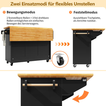 Keukeneiland – Keukenwagen – Kookeiland – Werktafel – Serveertafel – Zwart – Multifunctioneel Met Uitklapbaar Blad – Vijf Zwenkwielen Met Remmen