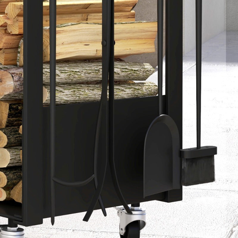 Firewood Rack – Houtopslag Rek – Houtstapelrek – Houthouder – Buitenhaard Accessoire – Metaal Zwart – Met Wielen en Zijhaken