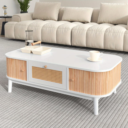 Salontafel – Koffietafel – Tafelblad – Woonkamertafel – Houten Tafel – Massief Hout Met Rattan – Schuifdeuren En Lades – 110x55x38,5 cm – Wit Met Houtkleur