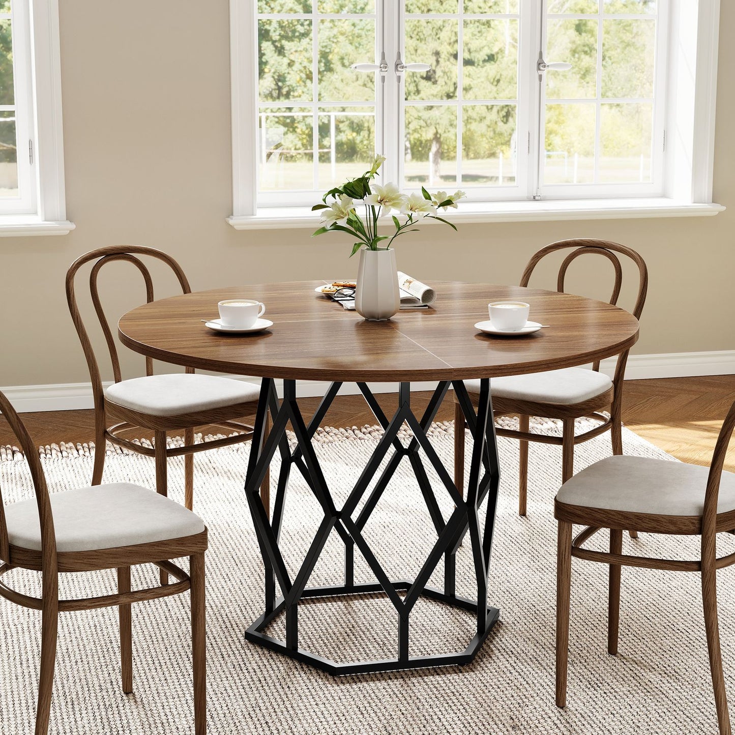 119.38 cm Round Dining Table in Brown | Large Wood Circular Desktop, Modern Kitchen Table for 4-6 People, Perfect for Dining Room, Living Room, or Coffee Area, Classic Style with Pedestal Base, Includes 1 Leaf, Hardwood Mater