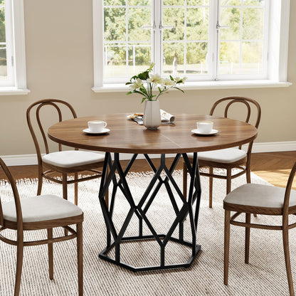 119.38 cm Round Dining Table in Brown | Large Wood Circular Desktop, Modern Kitchen Table for 4-6 People, Perfect for Dining Room, Living Room, or Coffee Area, Classic Style with Pedestal Base, Includes 1 Leaf, Hardwood Mater