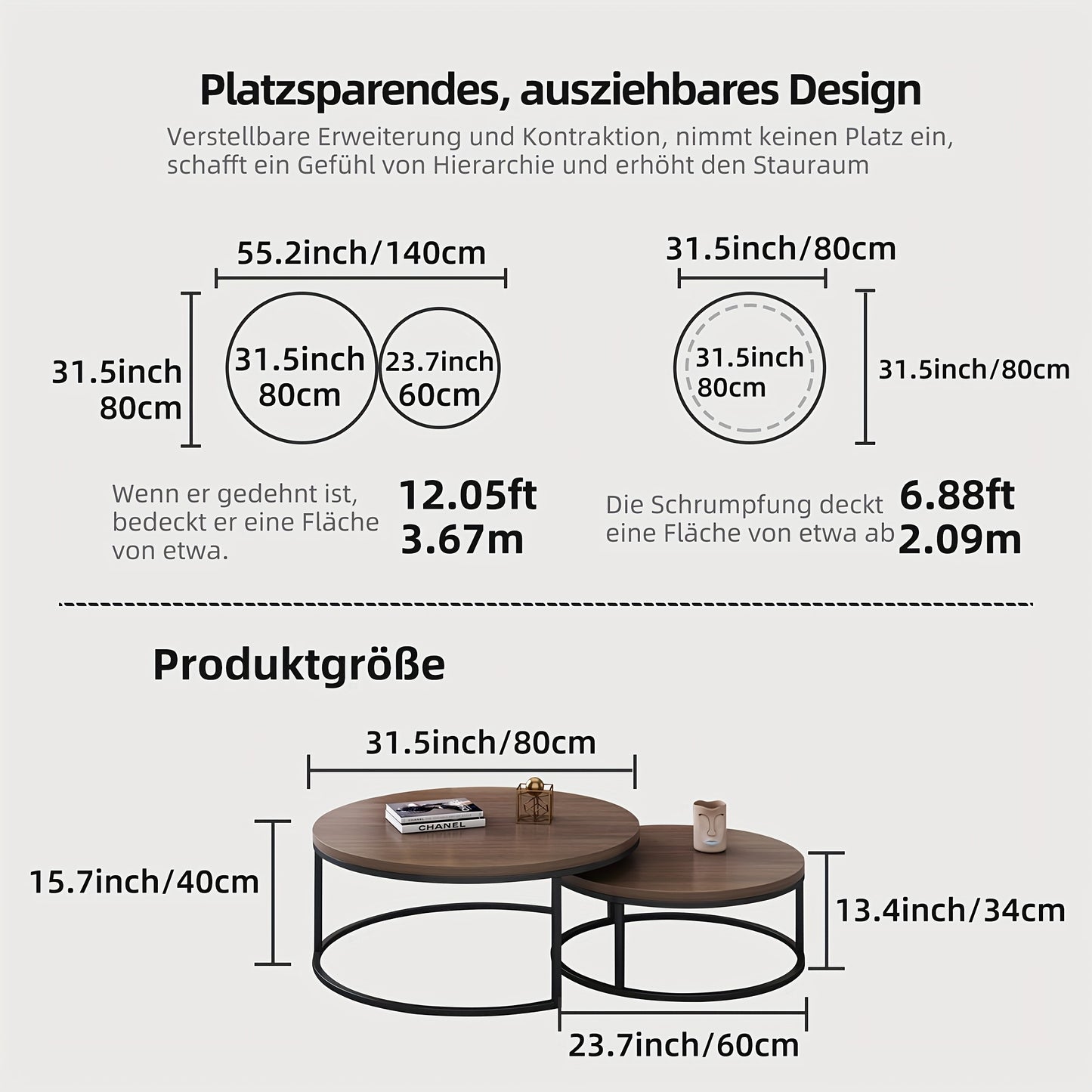Ronde Koffietafel – Salontafel – Bijzettafel – Tafeltje – Woonkamertafel – Set Van 2 – Walnootkleurig Met Zwart Metalen Frame – Compact En Duurzaam