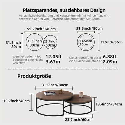 Ronde Koffietafel – Salontafel – Bijzettafel – Tafeltje – Woonkamertafel – Set Van 2 – Walnootkleurig Met Zwart Metalen Frame – Compact En Duurzaam
