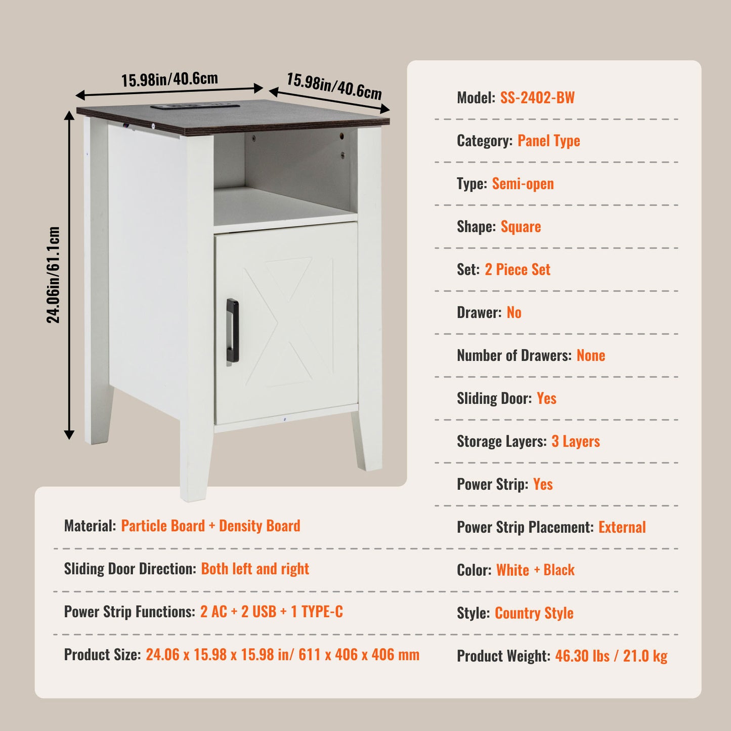 Bijzettafels – Nachtkastje – Side Table – Eettafel – Salontafel – Set Van 2 – Ingebouwde USB- en Stroomvoorziening – Krasbestendig Houtdecor