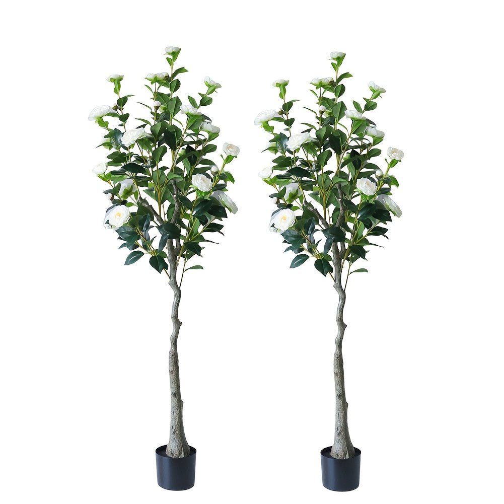 2pcs Artificial Camellia Tree with Realistic Trunk & Lush Green Leaves - 150cm/180cm Tall Fake Plants with White Flowers, All-Season Indoor/Outdoor Silk & Plastic Trees in Black Pots for Home, Office, Porch, Patio - Low Maint