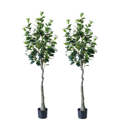 2pcs Artificial Camellia Tree with Realistic Trunk & Lush Green Leaves - 150cm/180cm Tall Fake Plants with White Flowers, All-Season Indoor/Outdoor Silk & Plastic Trees in Black Pots for Home, Office, Porch, Patio - Low Maint