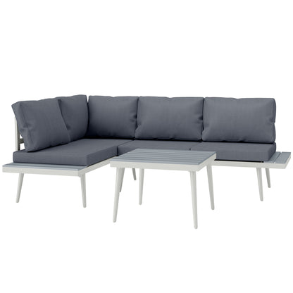 Loungeset Tuin – Tuinmeubelset – Balkonmeubels – Loungemeubelen – Tuintafel Set – 3-delig Modular – Verstelbare Zitplaatsen – Robuuste Stalen Frame – Houtlook Tafelblad – Afneembare Wasbare Kussens – Ademend Textiel