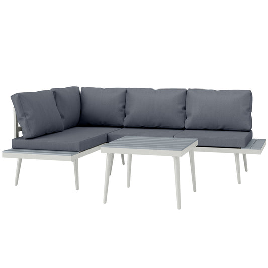 Loungeset Tuin – Tuinmeubelset – Balkonmeubels – Loungemeubelen – Tuintafel Set – 3-delig Modular – Verstelbare Zitplaatsen – Robuuste Stalen Frame – Houtlook Tafelblad – Afneembare Wasbare Kussens – Ademend Textiel