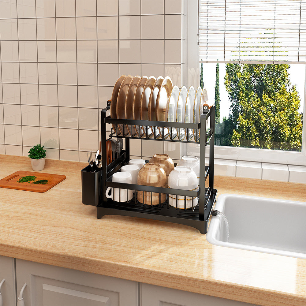 Afdruiprek – Droogrek – Serviesrek – Bestekrek – Keukenrek – 2-Laags RVS – Compact Zwart Design 36x26x37 cm