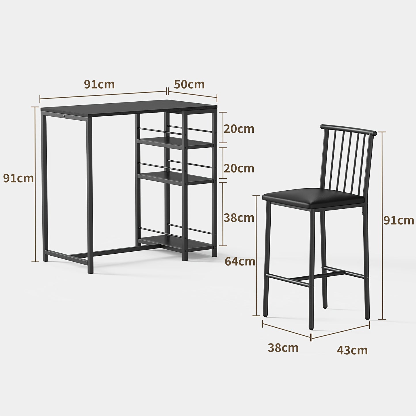 Eettafelset – Eetkamerset – Keukentafelset – Bistroset – Tafel met Stoelen – Compact Ontwerp – Hardhouten Constructie – Donkerbruin/Zwart – Met Opberglade en Gestoffeerde Rugleuningstoelen