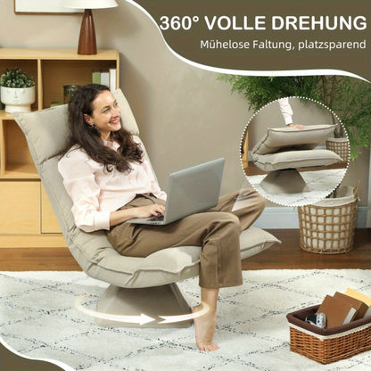Loungestoel – Fauteuil – Relaxstoel – Zetel – Draaistoel – Verstelbare Rugleuning 5 Posities – Draaibaar & Opvouwbaar – Beige Stoffen Bekleding – Lichtgewicht & Eenvoudig Monteren