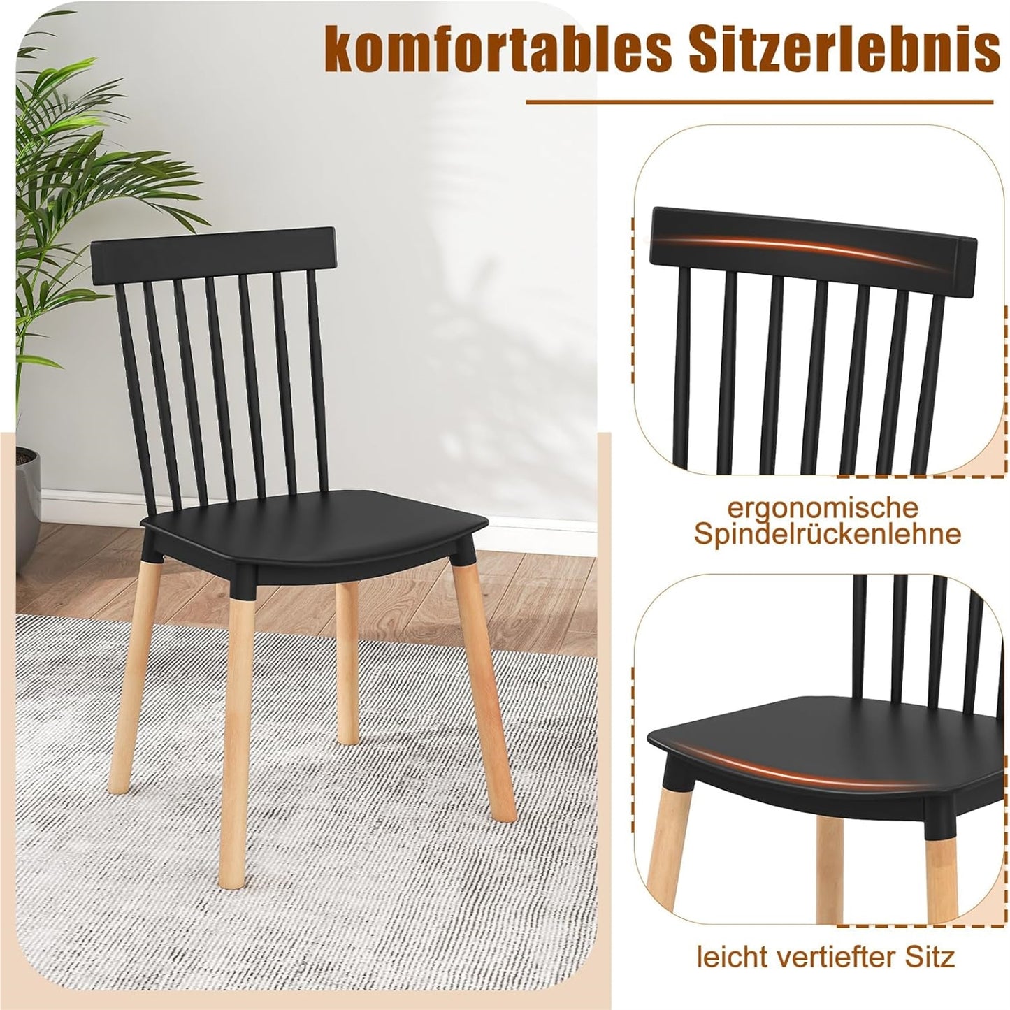 Eetkamerstoelen – Keukenstoelen – Stoelen – Livingstoelen – Bureaustoelen – Massief Houten Poten – Antislip Voetdoppen – Zwarte Set van 4