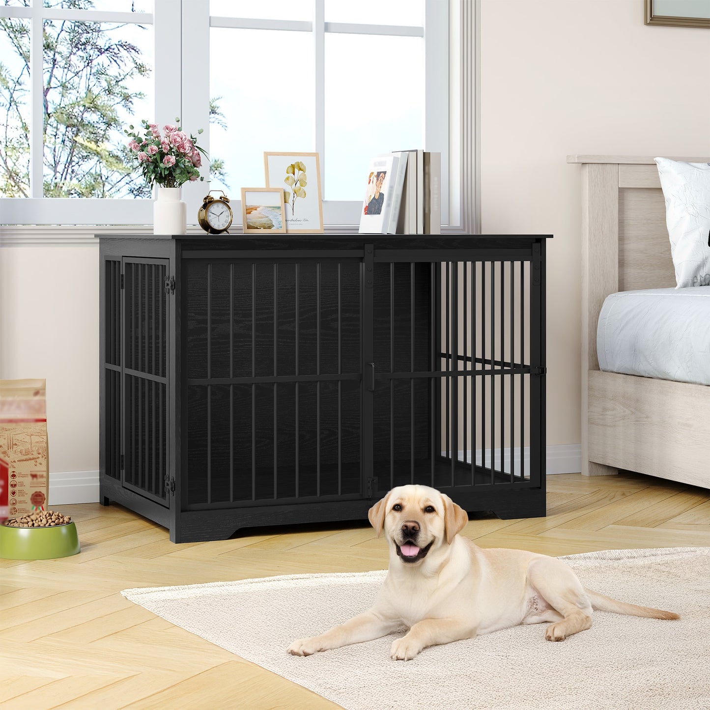 Hondenkennel – Hondenhok – Hondenbench – Hondenkooi – Binnenkennel – Met 2 Schuifdeuren – Geschikt Voor Honden Tot 100 Kg – Stevig Met Hout en Metaal – Modern Design 65x110x81 cm - QUORE