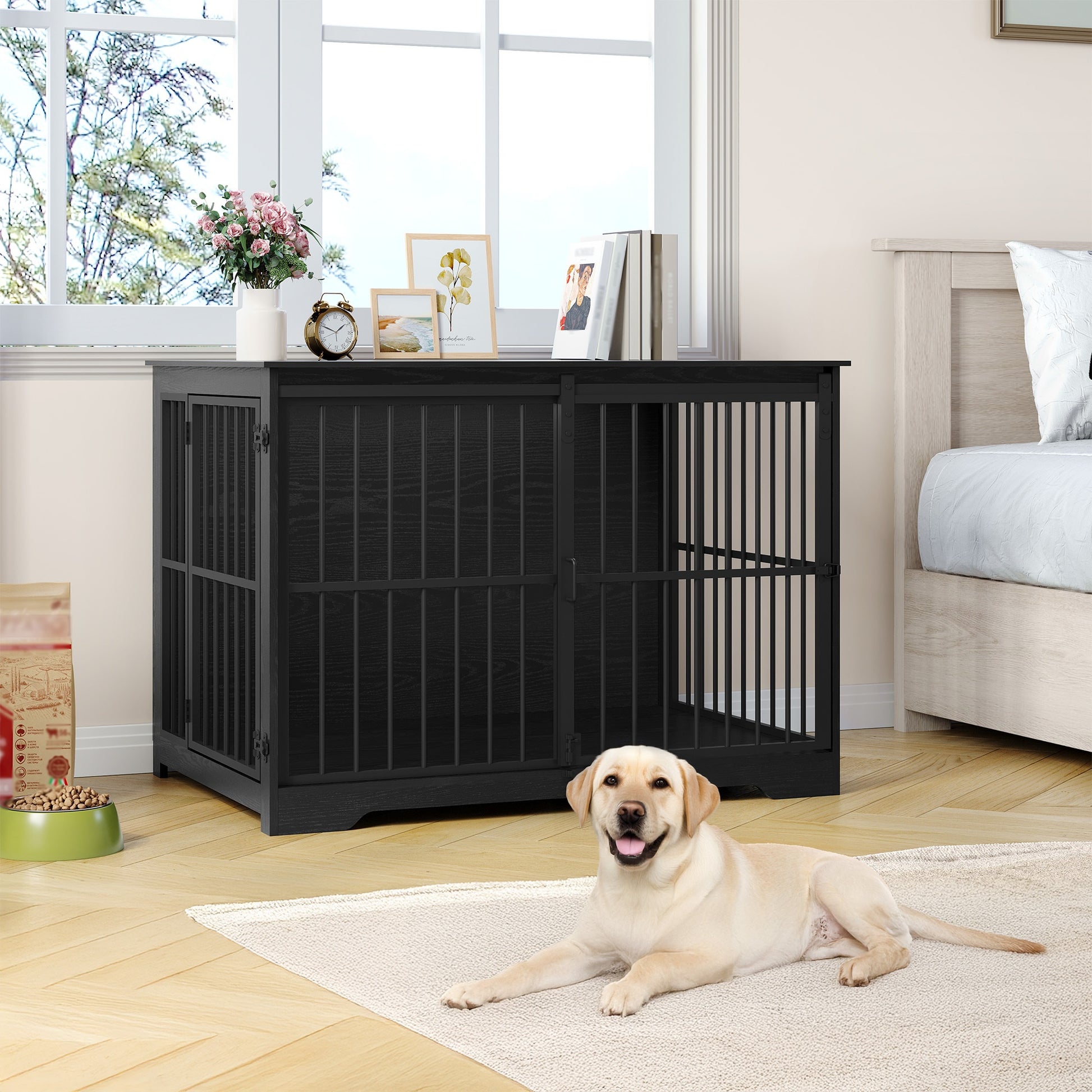 Hondenkennel – Hondenhok – Hondenbench – Hondenkooi – Binnenkennel – Met 2 Schuifdeuren – Geschikt Voor Honden Tot 100 Kg – Stevig Met Hout en Metaal – Modern Design 65x110x81 cm - QUORE