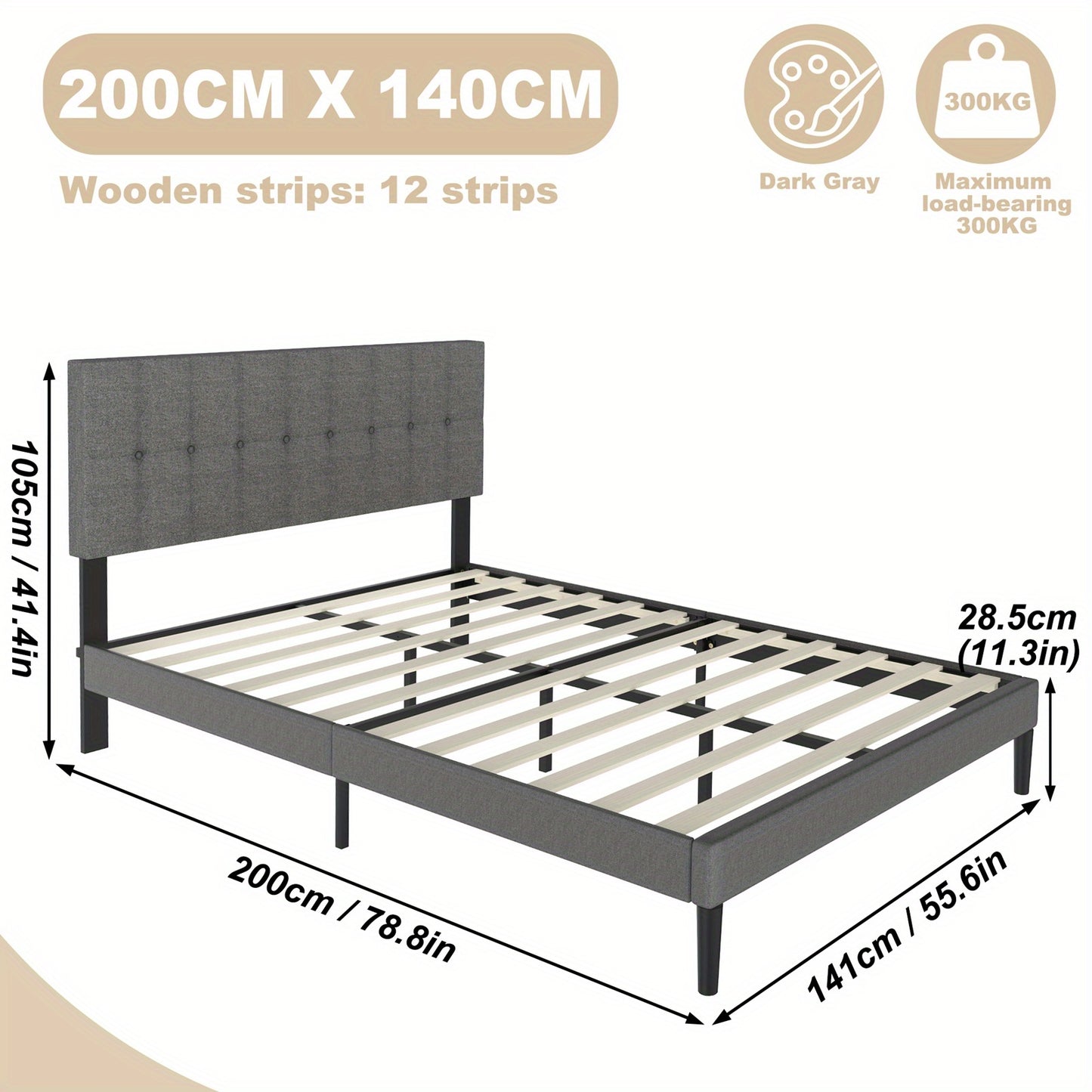 Bedframe – Bed – Slaapbed – Ledikant – Boxspring – 140x200 cm – Linnen Bekleding – Stevig Metalen Frame – 12 Latten Voor Optimale Ventilatie