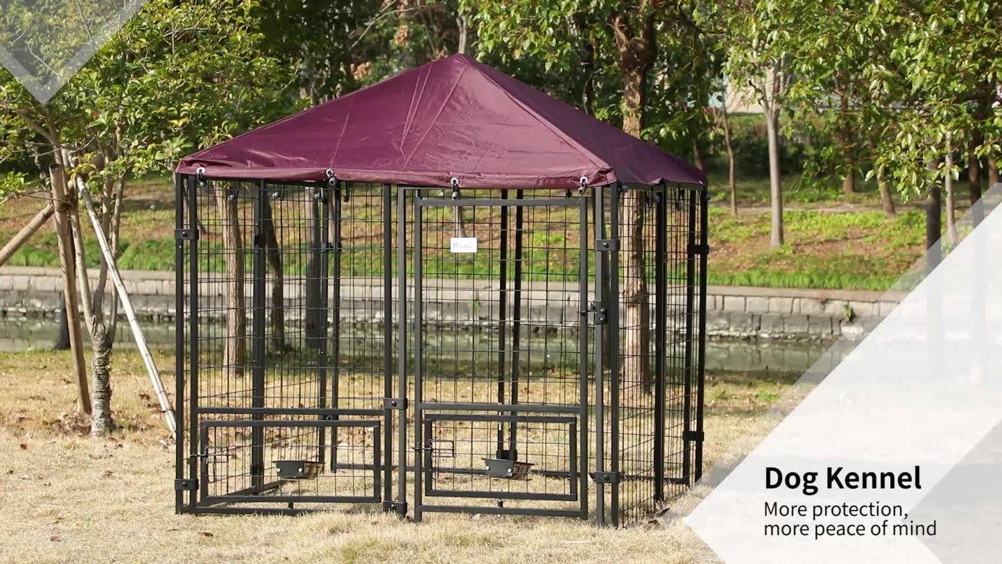 Hondenhok – Hondenren – Kennel – Hondenkooi – Buitenren – Roestvrij Stalen Frame – Waterbestendig Oxford Dak – 141x141x153 cm – 2 Roterende Voerbakken