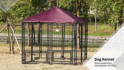 Hondenhok – Hondenren – Kennel – Hondenkooi – Buitenren – Roestvrij Stalen Frame – Waterbestendig Oxford Dak – 141x141x153 cm – 2 Roterende Voerbakken