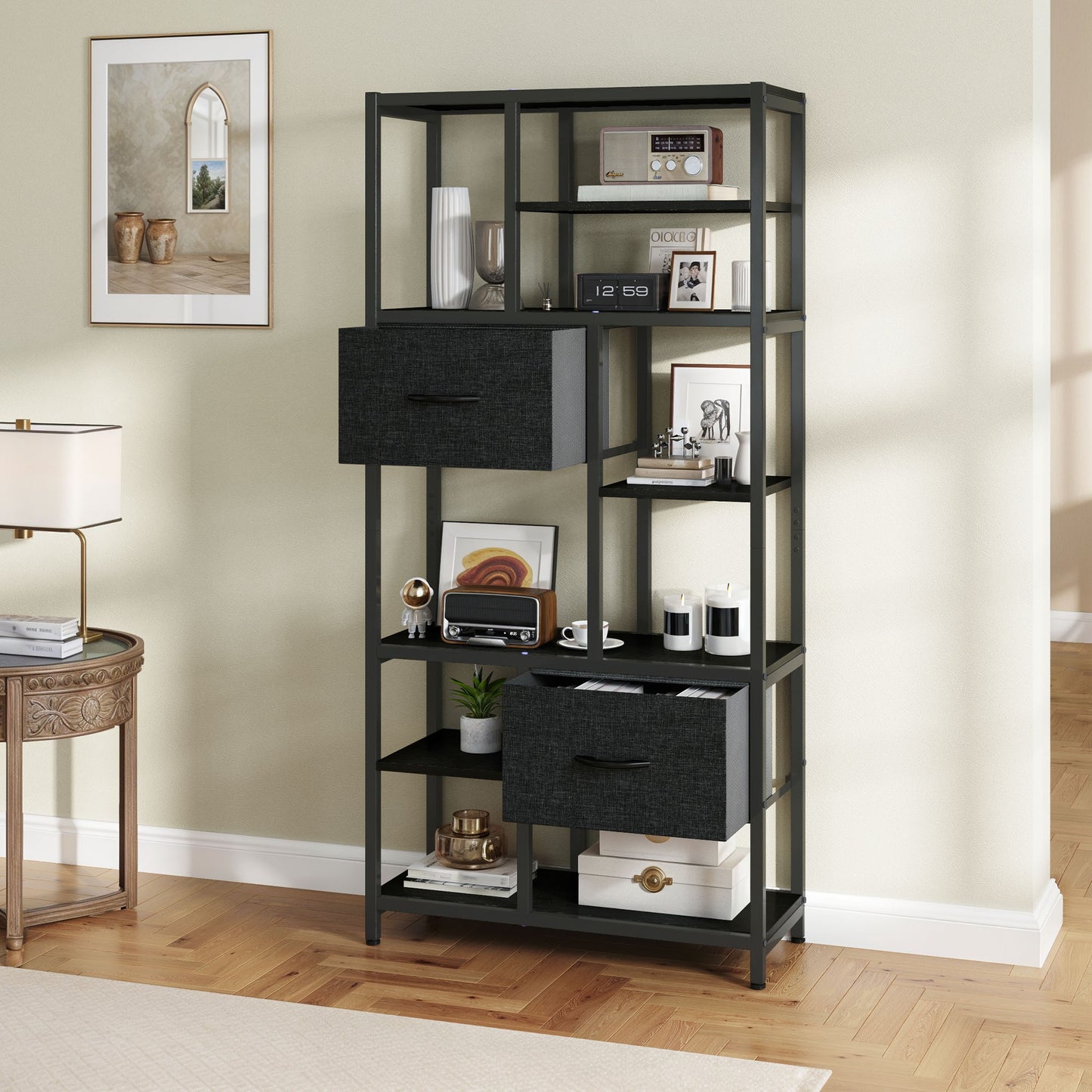 7-Laags Boekenkast – Boekenkast Met Lades – Smalle Boekenkast – Opbergkast – Vakkenkast – Industrieel Design – Stalen Frame & Houten Planken – Vrijstaand En Ruimtebesparend