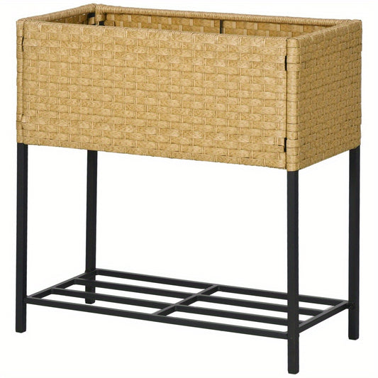 Plantenbak – Bloembak – Tuinbak – Moestuinbak – Verhoogde Bak – Rattan Look – Met Metalen Frame – 70x30x72 cm – Weerbestendig Polyethyleen – Voor Binnen en Buiten