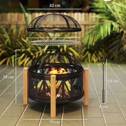 Vuurschaal – Vuurkorf – Tuinhaard – Buitenhaard – Barbecue – 2-In-1 Design – Grillrooster Ø58 Cm – Zwart-Bruin Metalen Behuizing