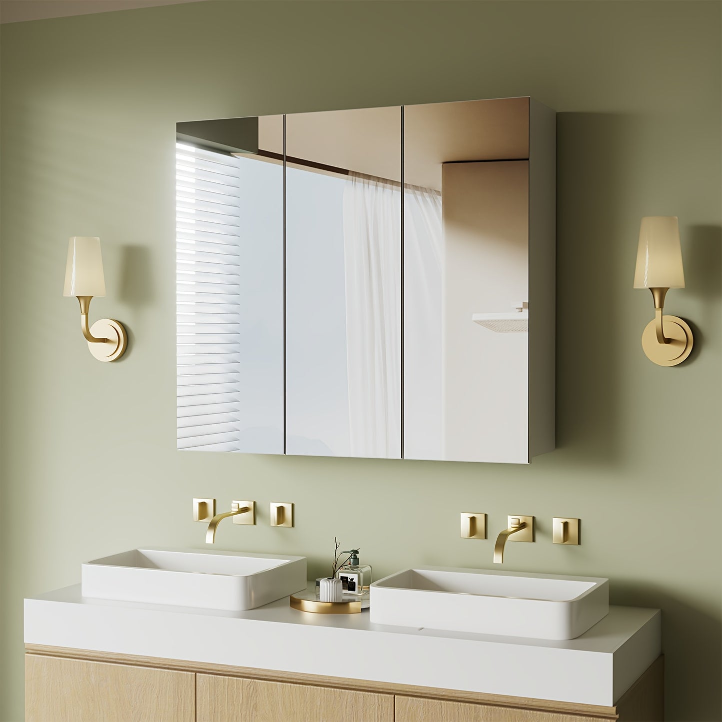 Badkamerspiegel – Spiegelkast – Wandkast – Opbergkast – Spiegelwandkast – 3 Spiegeldeuren – Verstelbare Plank – Wit – Chipboard & Glas