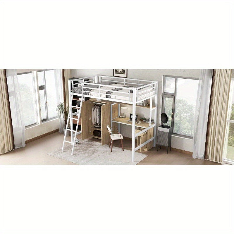 Stapelbed – Halfhoogslaper – Hoogslaper – Kinderbed – Bunkbed – Met Ingebouwde Tafel & Kast – Ruimtebesparend Twin-Over-Twin Ontwerp – Veiligheidsrail & 4-Stappen Ladder – 90x200 cm