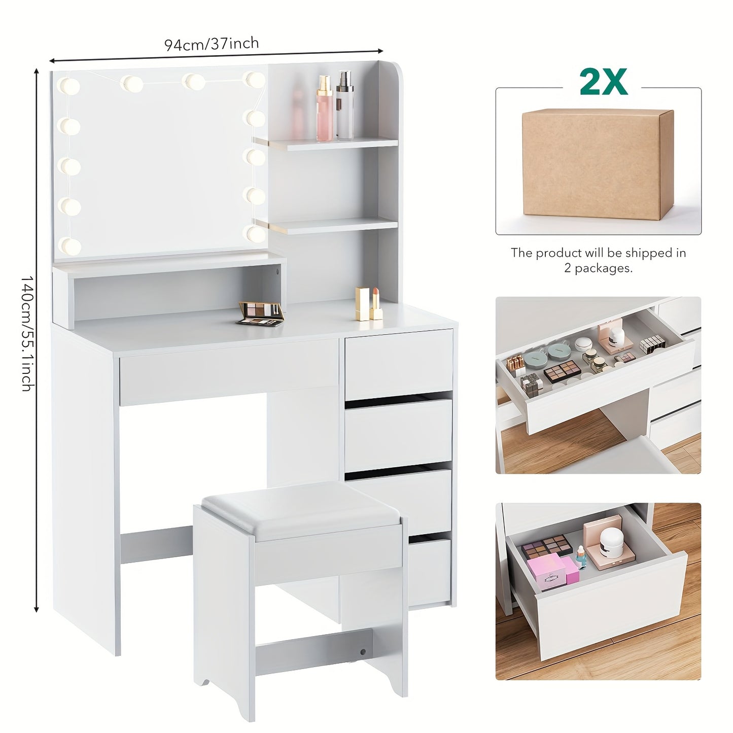 Kaptafel met Spiegel en Kruk – Wit – Make-up Tafel met Laden, Open Planken en 12 LED-Lampen, Instelbare Helderheid – Modern voor Slaapkamer