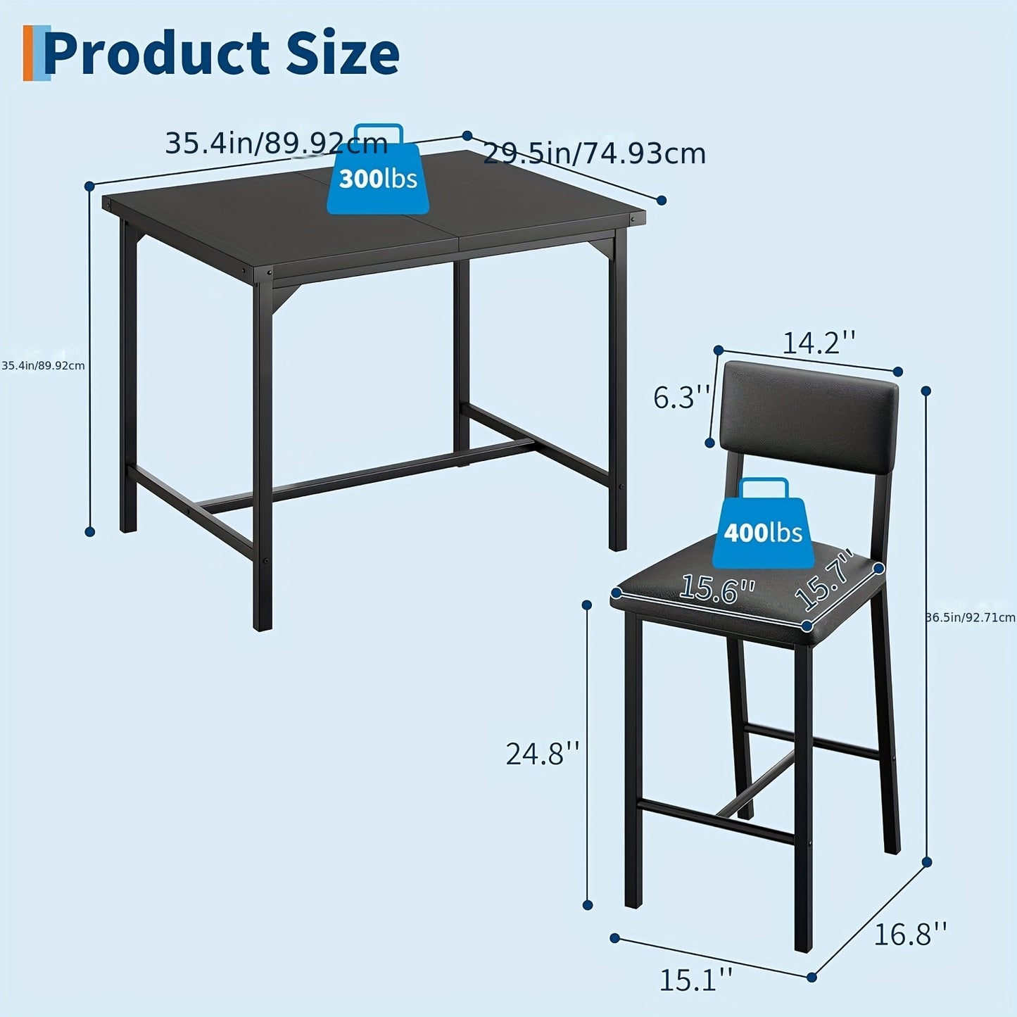 Dining Table Set for 2 W/Footrest & Backrest, Counter Height Table with 2 Bar Chairs, Kitchen Table Set with Corner Protector, for Small Space