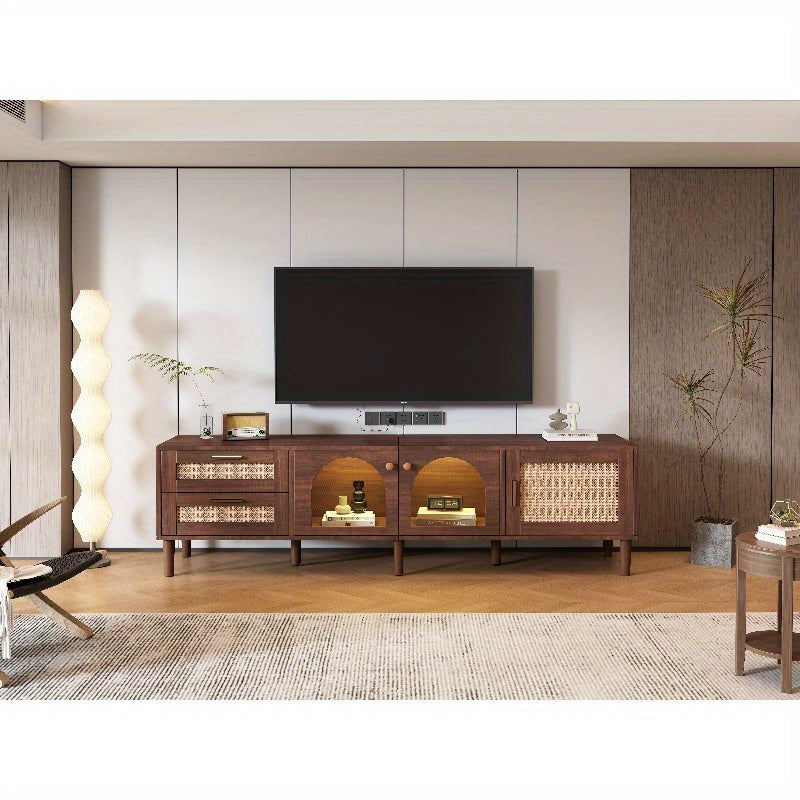 180cm TV Meubel – Tv Stand Living Room – Meubel Tv Met Rattan Lades – Tv Kast Met Glasdeuren – Entertainment Center – Metaal Frame – Stijlvol Design