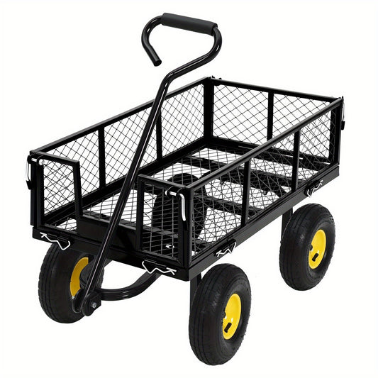 Heavy-Duty Steel Garden Cart with 180° Rotating Handle, Removable Sides & All-Terrain Large All-Terrain Tires - Sturdy Steel Frame, Green & Design, Large Capacity Utility Wagon for Yard, Farm, Beach, Lawn Care, Construction