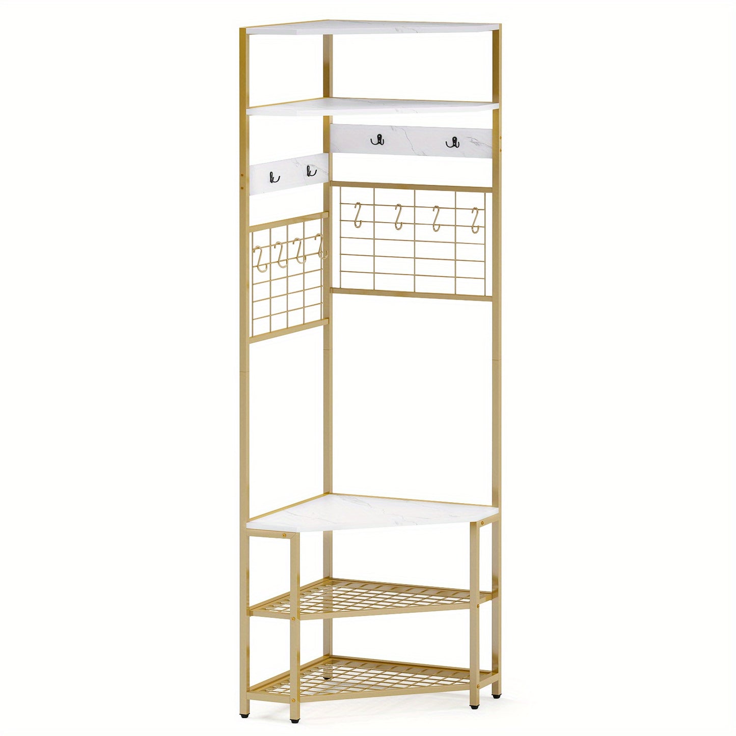 Garderobekast – Kapstok – Schoenenrek – Schoenenbank – Opbergkast – Hoekmodel – Gouden Metalen Frame – 5 Lagen Opbergruimte – Stevige Houten Zitbank 100 kg