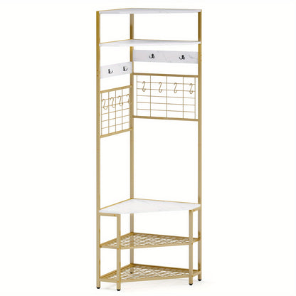 Garderobekast – Kapstok – Schoenenrek – Schoenenbank – Opbergkast – Hoekmodel – Gouden Metalen Frame – 5 Lagen Opbergruimte – Stevige Houten Zitbank 100 kg