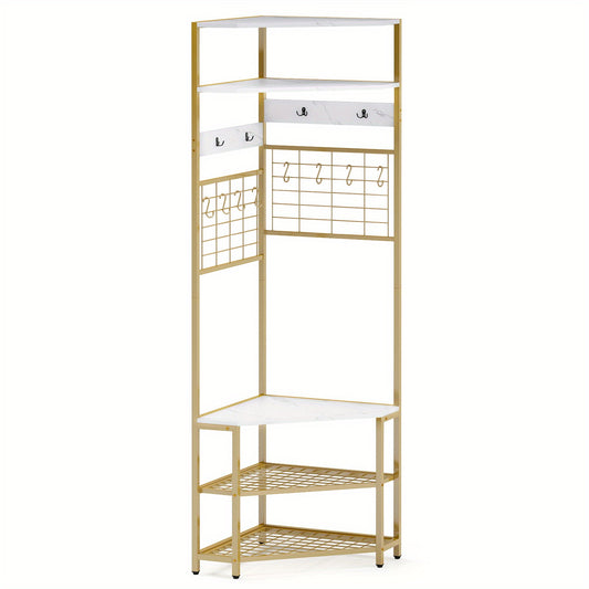Garderobekast – Kapstok – Schoenenrek – Schoenenbank – Opbergkast – Hoekmodel – Gouden Metalen Frame – 5 Lagen Opbergruimte – Stevige Houten Zitbank 100 kg