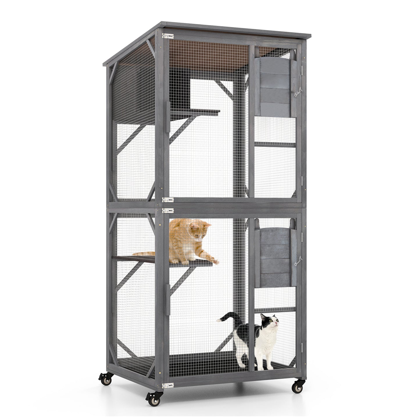 182.88 cm Cat Catio | Wood Cat House with Asphalt Roof, Platform & Condo, Large Cat Enclosure on Wheels, Indoor Cat Shelter with Resting Box | Brand: GOFLAME
