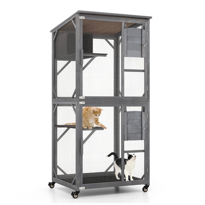 182.88 cm Cat Catio | Wood Cat House with Asphalt Roof, Platform & Condo, Large Cat Enclosure on Wheels, Indoor Cat Shelter with Resting Box | Brand: GOFLAME