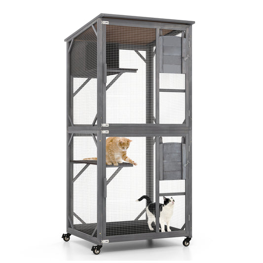 182.88 cm Cat Catio | Wood Cat House with Asphalt Roof, Platform & Condo, Large Cat Enclosure on Wheels, Indoor Cat Shelter with Resting Box | Brand: GOFLAME