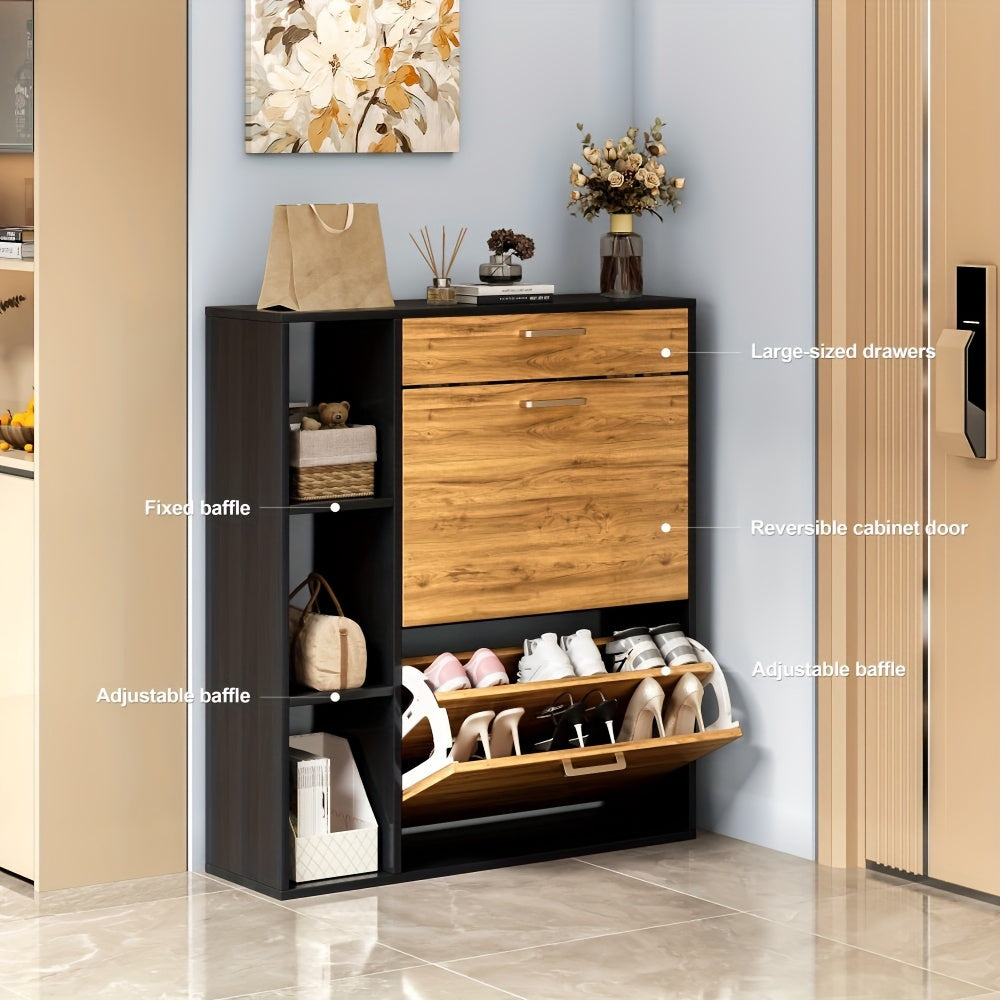 Schoenenkastje – Schoenenrek – Schoenenopberger – Schoenenkast – Schoenentoren – Houten Kast – Mat Zwart – 12-15 Paar Schoenen – Verstelbare Vakindeling