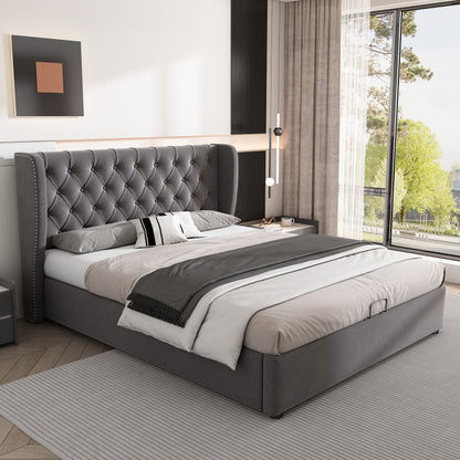 Packaged bed in the shape of a velvet double bed 140190 Hydraulic functional bed with slatted base and gray storage space